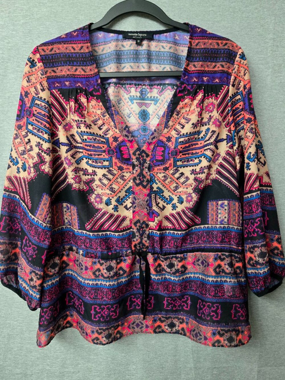 Nanette Lepore Blouse Top Size 10 Geometric Print V Neck Drawstring Waist Boho